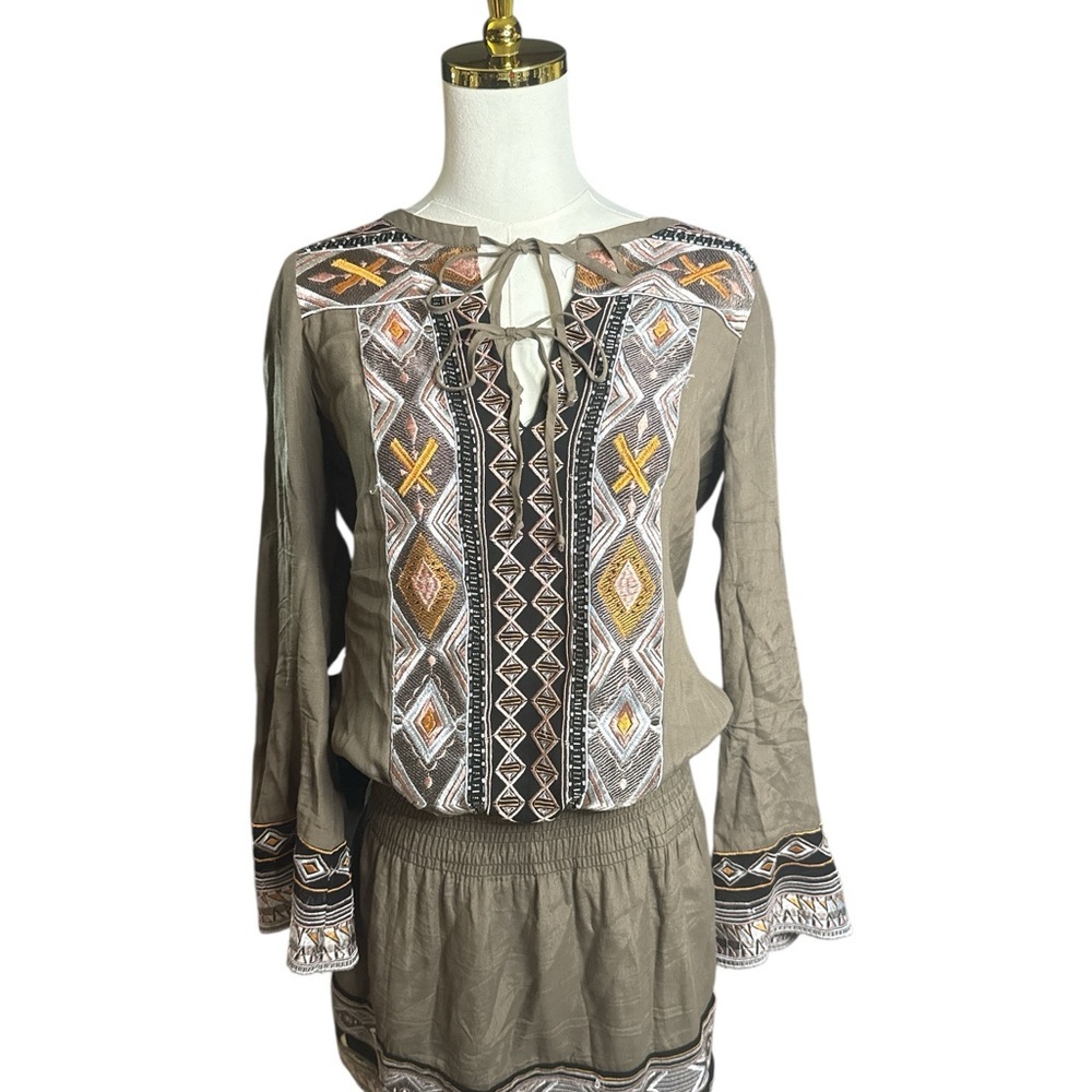 Haley Bob Olive Green Geometric Embroidered Mini Dress Size XS - Picture 2 of 9